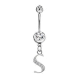 Initial Dangle Belly Button Rings with CZ Crystals in Silver Letters A to Z