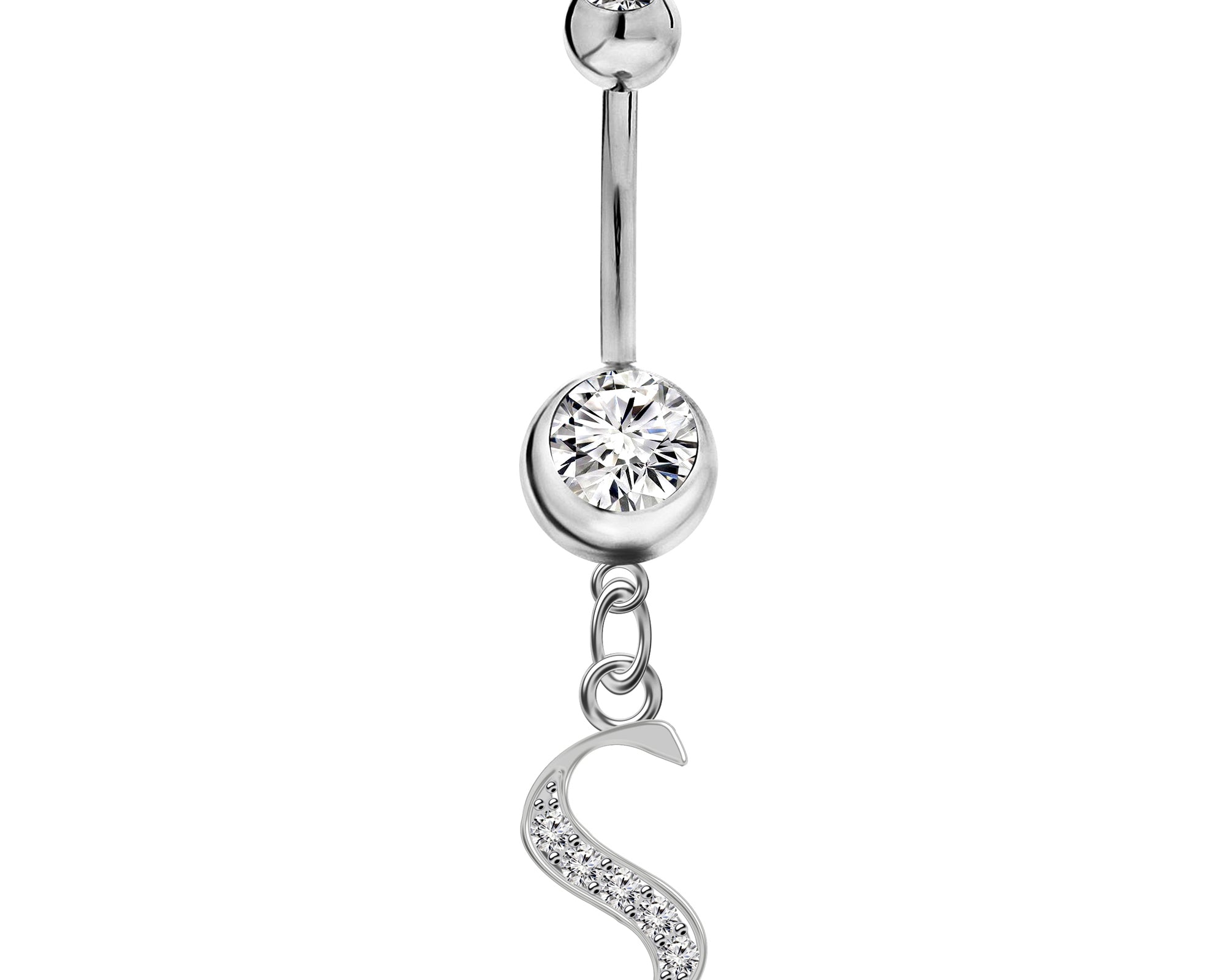 Initial Dangle Belly Button Rings with CZ Crystals in Silver Letters A to Z