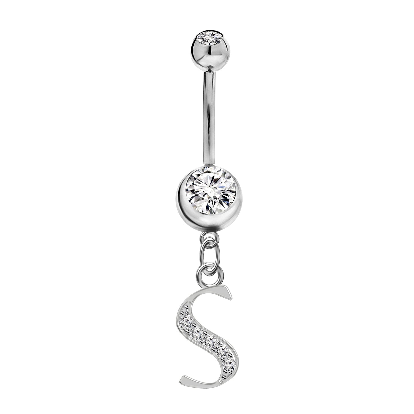 Initial Dangle Belly Button Rings with CZ Crystals in Silver Letters A to Z