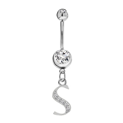 Initial Dangle Belly Button Rings with CZ Crystals in Silver Letters A to Z