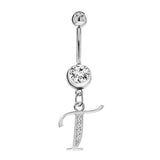 Initial Dangle Belly Button Rings with CZ Crystals in Silver Letters A to Z