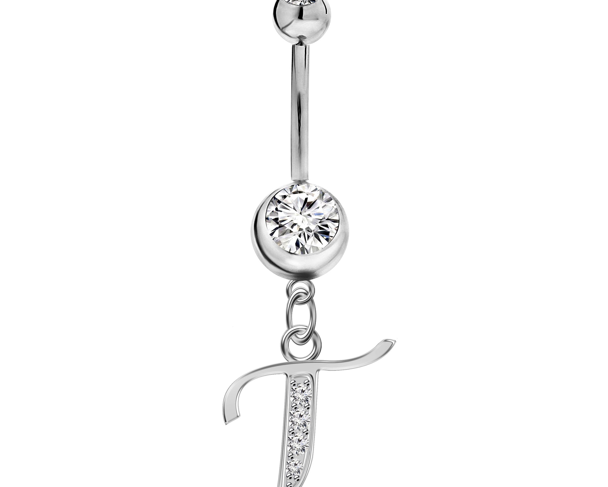 Initial Dangle Belly Button Rings with CZ Crystals in Silver Letters A to Z