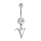 Initial Dangle Belly Button Rings with CZ Crystals in Silver Letters A to Z