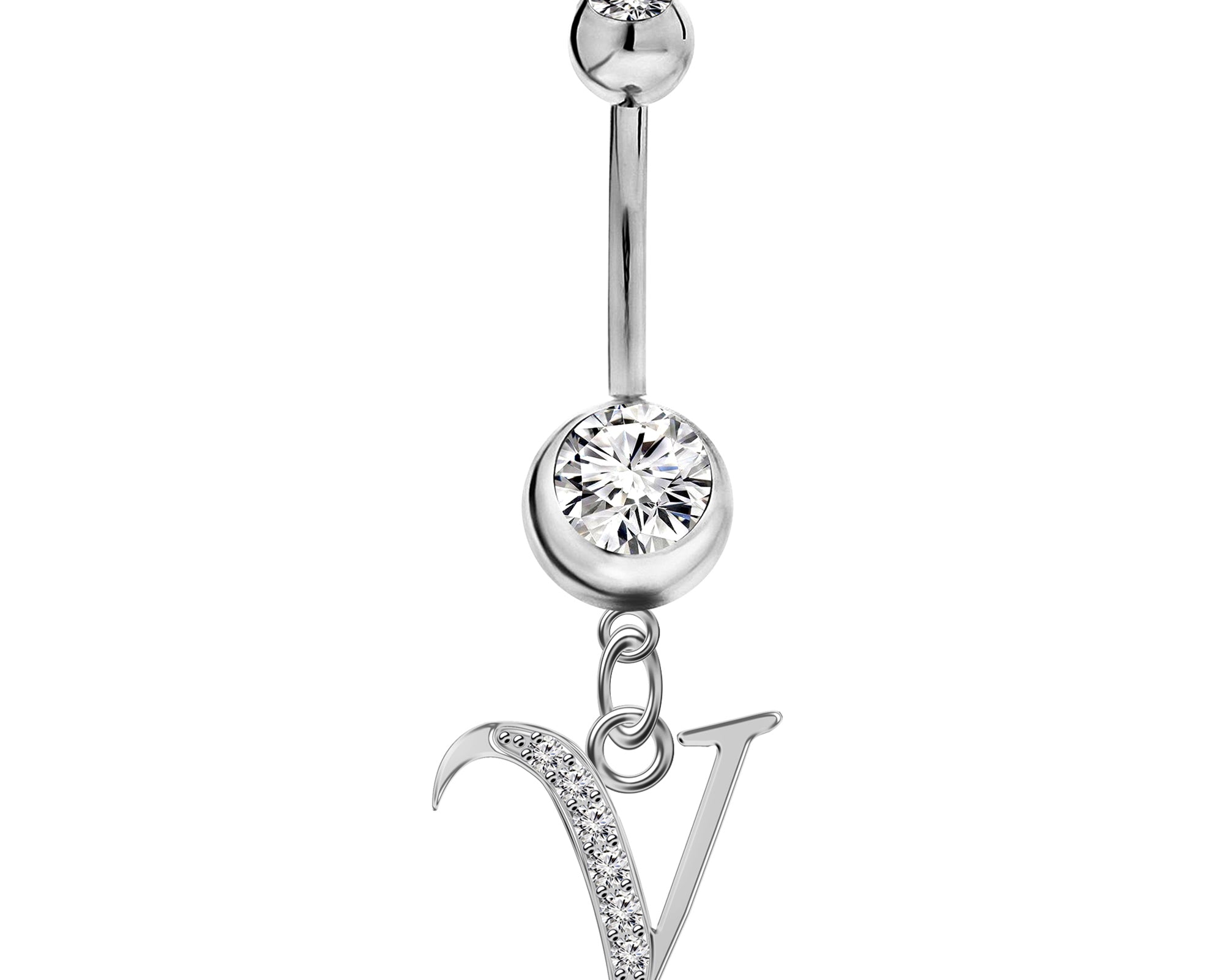 Initial Dangle Belly Button Rings with CZ Crystals in Silver Letters A to Z