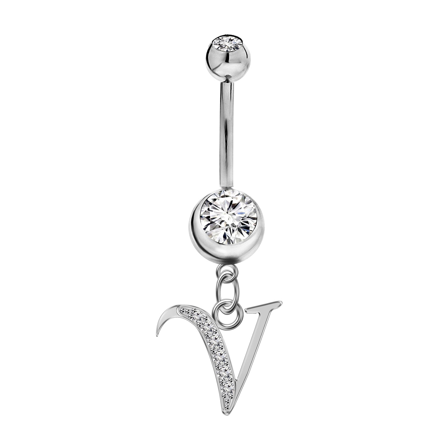 Initial Dangle Belly Button Rings with CZ Crystals in Silver Letters A to Z
