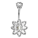 Flower Belly Bar, Belly Rings Navel Piercing - Designer Belly Bars - Silver - Belly Button Ring - 14g (1.6mm) Length is 10mm