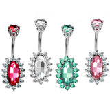 Designer Belly Ring - Silver - Oval Shape Flower Belly Bars with CZ Crystals - Navel Ring -  14g (1.6mm) Length is 10mm