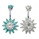 Designer Belly Ring - Silver - Sun Flower Belly Bars made of CZ Crystals - Navel Ring -  14g (1.6mm) Length is 10mm