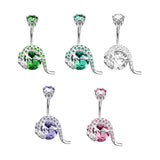 Designer Belly Rings- Silver - Gecko Lizard Design Belly Bars with CZ Crystals - Navel Ring -  14g (1.6mm) Length is 10mm