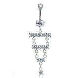 Designer Belly Rings- Silver - Luxury Drop Dangle Chandelier Style Belly Bars with CZ Crystals - Belly Button - 14g (1.6mm) Length is 10mm