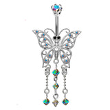 Designer Belly Button Rings- Silver - Dangle Butterfly Design Belly Bars with CZ Crystals- Belly Button Ring - 14g (1.6mm) Length is 10mm