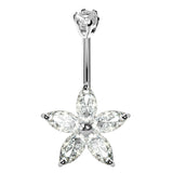 Designer Belly Rings - Silver - Hawaiian Flower Belly Bars with CZ Crystals - Belly Button Ring - 14g (1.6mm) Length is 8mm