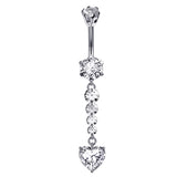 Designer Belly Bars - Silver - Dangle Cute Heart Belly Ring made of CZ Crystals - Navel Ring - 14g (1.6mm) Length is 10mm