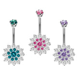 Designer Belly Button Rings- Silver - Sun Flower Design Belly Bars with CZ Crystals - Navel Ring -  14g (1.6mm) Length is 10mm