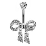 Designer Belly Ring - Silver - Ribbon bow tie Belly Bar studded with CZ Crystals - Belly Button Ring - 14g (1.6mm) Length is 10mm