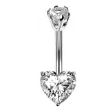 Designer Belly Bars - Silver - Solitaire Cute Heart Belly Ring made of CZ Crystals - Navel Ring - 14g (1.6mm) Length is 10mm