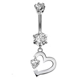 Belly Button Piercing Ring - Silver - Cute Heart Dangle Design Belly Ring with CZ Crystals - Belly Bar - 14g (1.6mm) Length is 10mm