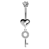 Designer Belly Bars - Silver - Heart Lock and Key Belly Rings with CZ Crystals - Belly Button Ring - 14g (1.6mm) Length is 10mm