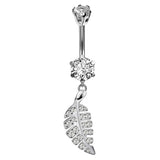 Designer Belly Bars - Silver - Leaves Design Belly Rings studded with CZ Crystals - Belly Button Ring - 14g (1.6mm) Length is 10mm