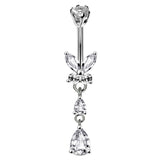 Designer Belly Rings- Silver - Butterfly and Water drop dangle Design Belly Bars with CZ Crystals - Belly Button - 14g (1.6mm) Length is 8mm