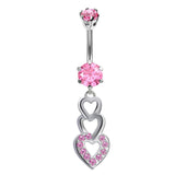 Belly Button Piercing Ring - Silver - 3 Heart Dangle with CZ Crystals Belly Rings - Belly Bar - 14g (1.6mm) Length is 10mm