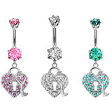 Designer Belly Rings - Silver - Dangle Heart and Key Lock Design Belly Bars surrounded with CZ Crystals - Navel Jewelry - 14g (1.6mm)