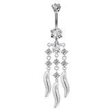 Designer Belly Rings- Silver - Luxury Dangle Chandelier Design Belly Bars with CZ Crystals - Belly Button Ring - 14g (1.6mm) Length is 8mm