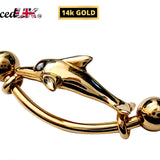 14K Gold Belly Bar Solid Gold Dolphin Navel Ring - 14g Piercing Length is 16mm - Finest Quality Gold Body Piercing Jewelry