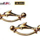 14K Gold Belly Bar Solid Gold Dolphin Navel Ring - 14g Piercing Length is 16mm - Finest Quality Gold Body Piercing Jewelry