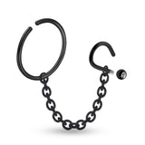 Black Nose Chain Jewelry - Nose Screw Stud with Crystal and Segment Ring Hinged with Chain Sets - Nose Combination Piercing 18G to 20G