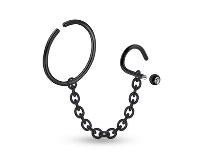 Black Nose Chain Jewelry - Nose Screw Stud with Crystal and Segment Ring Hinged with Chain Sets - Nose Combination Piercing 18G to 20G