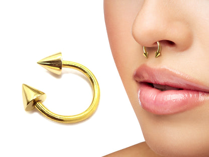 14K Solid Gold Spike Septum Ring Horseshoe Barbell Piercing Nose and Lip Jewelry - Handmade Body Jewellery