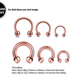 Titanium Horseshoe Ring Piercing 18g to 00g Rose Gold Septum Jewelry Bull Piercing Also for Nipple, PA Ring, Lips - Internal or External Threaded