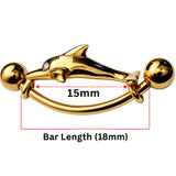 14K Gold Belly Bar Solid Gold Dolphin Navel Ring - 14g Piercing Length is 16mm - Finest Quality Gold Body Piercing Jewelry