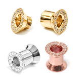 Silver double plug ear stretching gauges with gemstones 12g-14mm  - Screw Tunnel (1 piece)