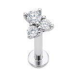 14K White Gold Helix Flat Back 16g Labret Cartilage Piercing 3 Stone Round CZ Crystal