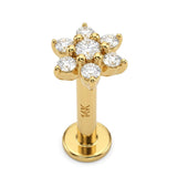 14K Gold Flower 16g Labret, Helix Stud, Tragus Earring with CZ Stone Crystals