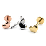 14K Gold Heart Tragus Earrings, Cartilage Piercing, 16G Labret Studs