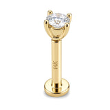 14K Gold Round 16G Labret Stud, Helix Barbell, Tragus Earring Prong Set with CZ Stone Crystals