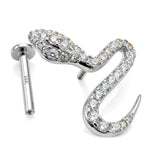 14K White Gold Snake Helix Stud, 16G Labret Earring, Cartilage Tragus Piercing with CZ Stone