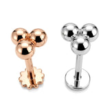 14K Rose & White Gold 3 ball 16G labret stud with Flat back gear design Tragus Earring, Lip Jewelry