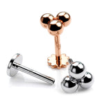 14K Rose & White Gold 3 ball 16G labret stud with Flat back gear design Tragus Earring, Lip Jewelry