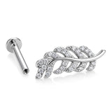 14K White Gold Leaf Tragus Piercing, 16G Labret Studs, Helix Cartilage Piercing with CZ Stone
