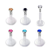 Flexible Labret Retainer - 6 pieces - 16G Labret with Top Gem CZ Crystals - Bioplast Labret - Hide Piercing Lip Labret - Clear Transparent