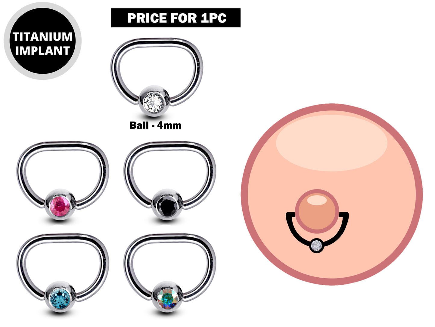 Titanium Gem Nipple Ring Jewelry, Nipple D-Ring Ball Hoops, Captive Ring - 16G 14G - 1piece -  Body Piercing Also for Daith, Septum, Eyebrow
