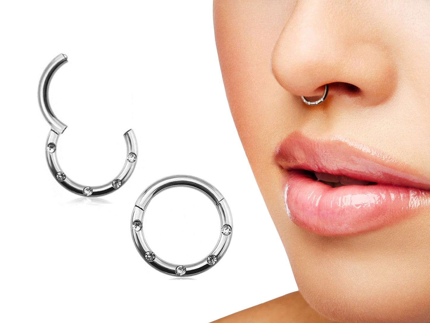 Titanium Clicker Septum with CZ Clear Crystal- 14g Nose Ring Also for Daith Ring, Helix Cartilage Piercing, Lip Ring - Implant Grade ASTM F136
