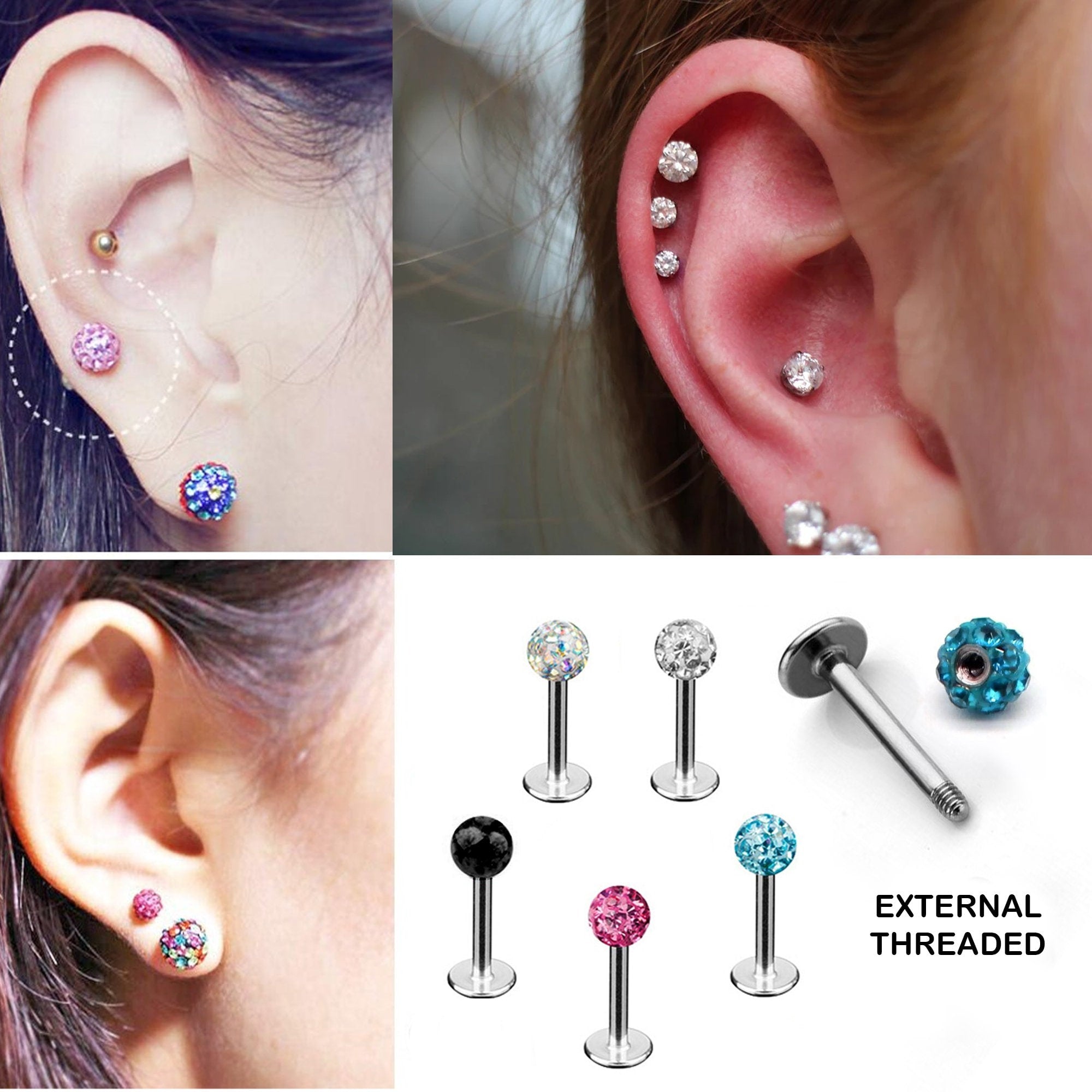 Titanium Labret Labret Stud, Labret Monroe with Multi Crystal Ball – Flatback Lip Piercing Jewelry – Labret Piercing for Lip, Chin.