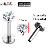 Titanium Lip Jewelry, Labret Stud – Internally threaded Square Top Prong Set Crystals– 16g (1.2mm) Labret Piercing Lip, Helix, Tragus.