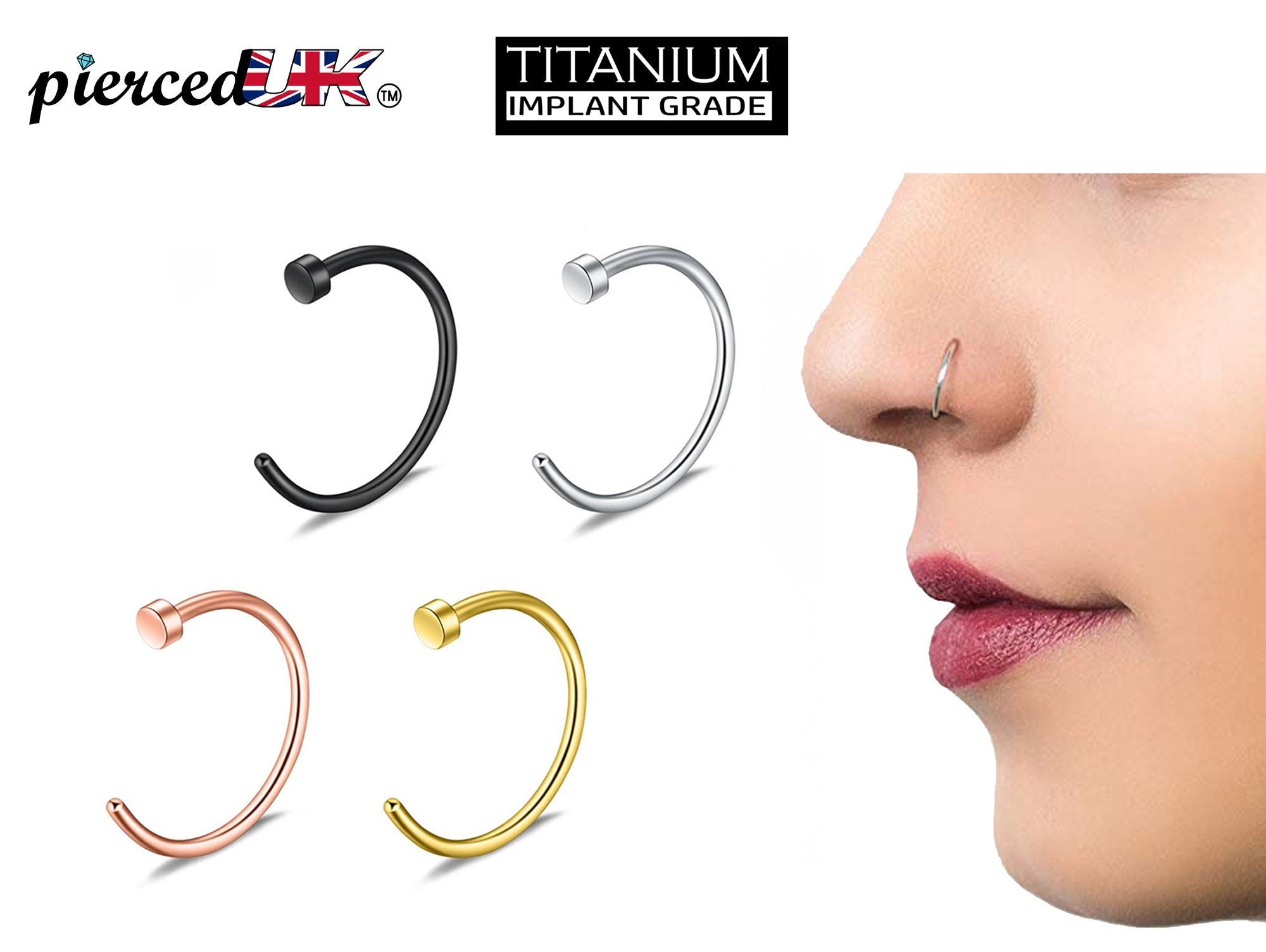 Titanium Nose Hoop, Nose Ring - C-Type Hypoallergenic Nose Nail Piercing - 20g, 18g. 16g, 14g Nostril Studs - Size 6mm to 12mm