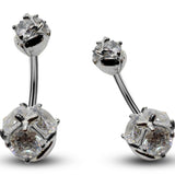 Silver Belly Bars, Navel Ring - Triple Round Crystal Belly Piercing - Prong Setting - Navel Jewelry - 14g (1.6mm) Length is 8mm - 12mm